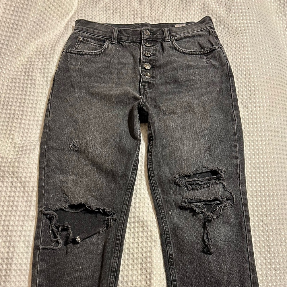 WE THE FREE PEOPLE High Rise Distressed Mom Jeans Size 27 Button Fly Black